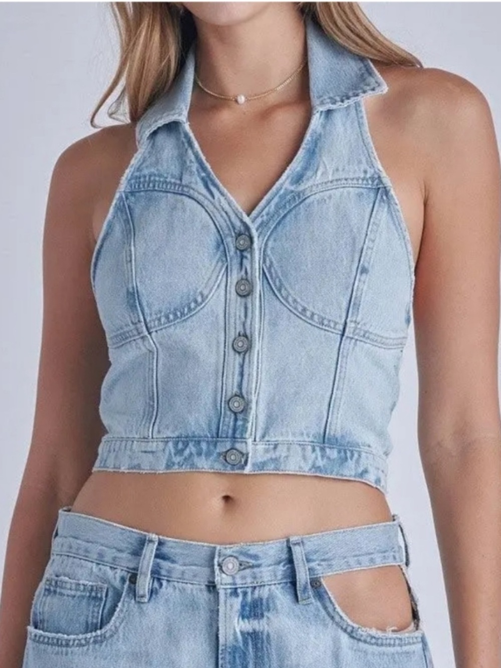 Hidden Jeans Denim Halter Collared Tank Top Size M